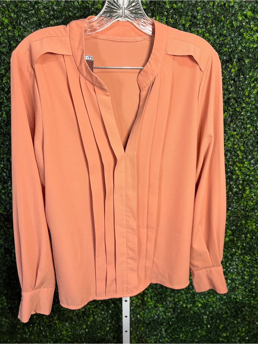 Pleated V-Neck Long Sleeve Blouse - Peach
